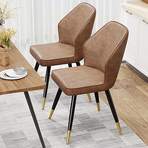 Juego de 2 sillas de comedor de piel sintética marrón, sillas de comedor modernas de mediados de siglo, sillas laterales tapizadas sin brazos con