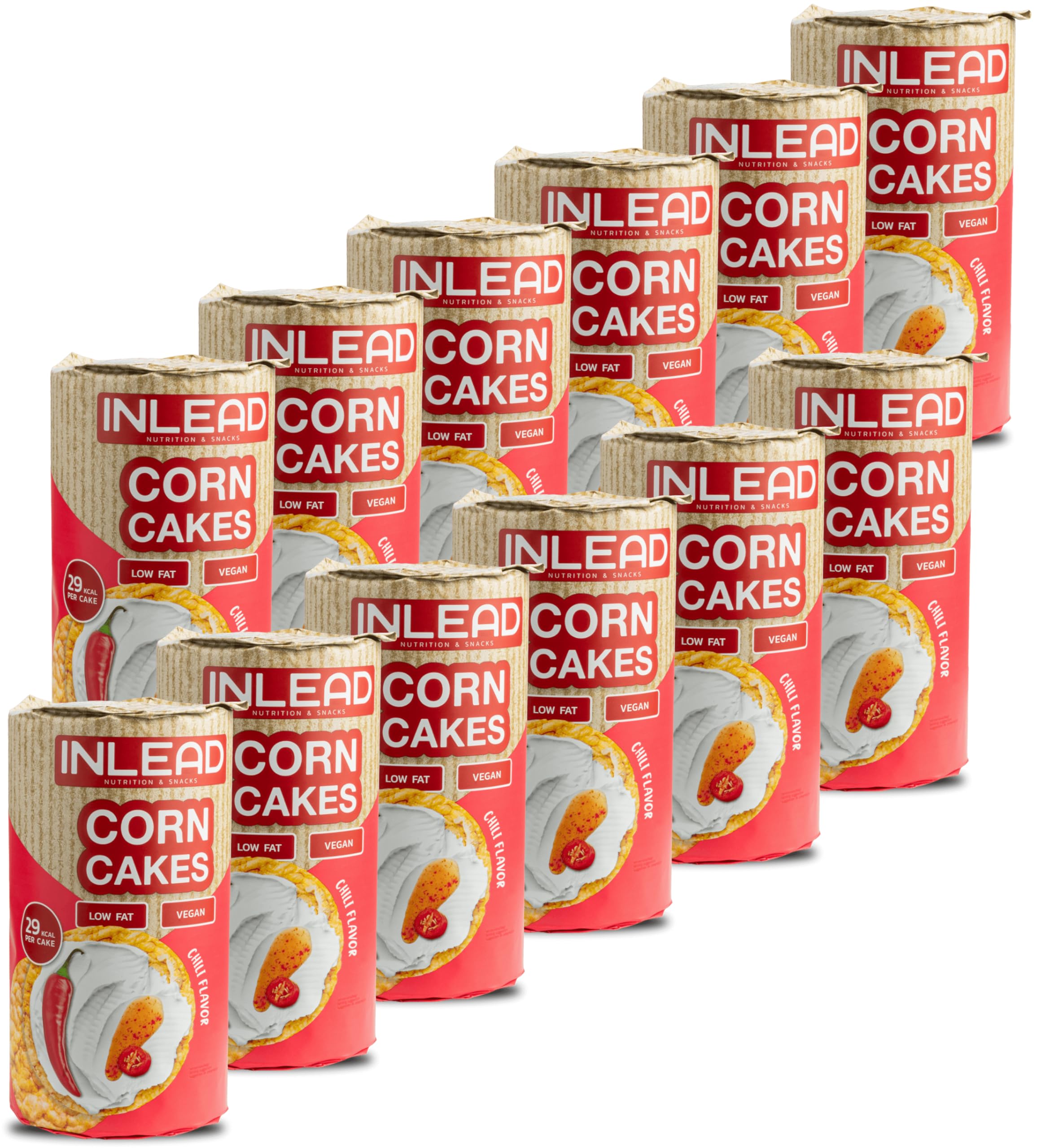 INLEAD - Corn Cakes | Leichte & Knusprige Maiswaffeln für Bewussten Genuss | Kalorienarm, Fettarm & Ideal als gesunde Alternative zu Chips (12x 120g, Chili Flavor)
