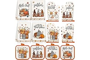 12 Pcs Fall Pumpkin Autumn Kitchen Towels and Oven Mitt Sets for Kitchen Decoration
