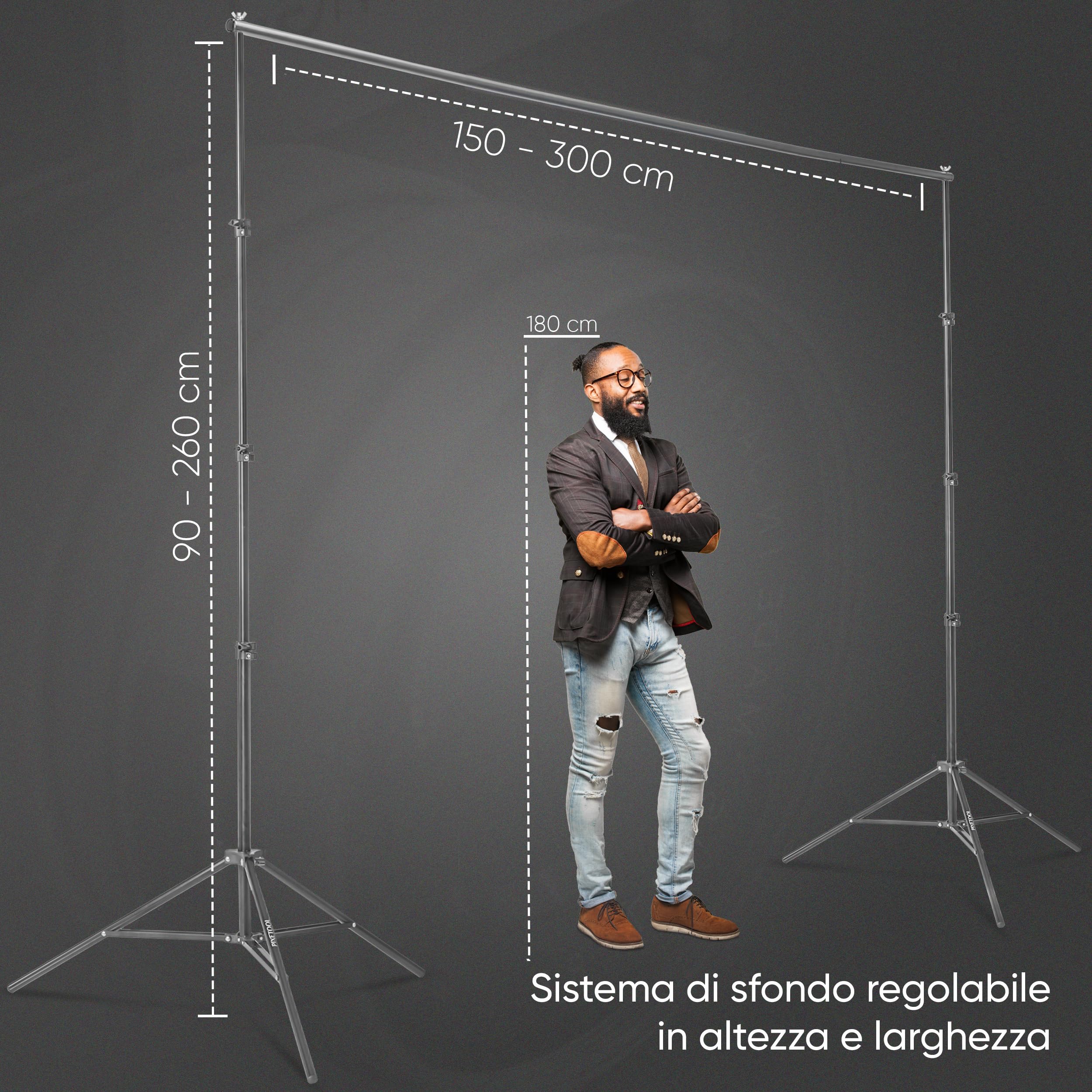 Green Screen Con Supporto (3m x 3m) – Sfondo Fotografico - Set Studio Fotografico - Accessori Per La Fotografia Streaming Giochi Gaming – 3x Telo di Fondale (verde, bianco, nero) – 4 Morsetti