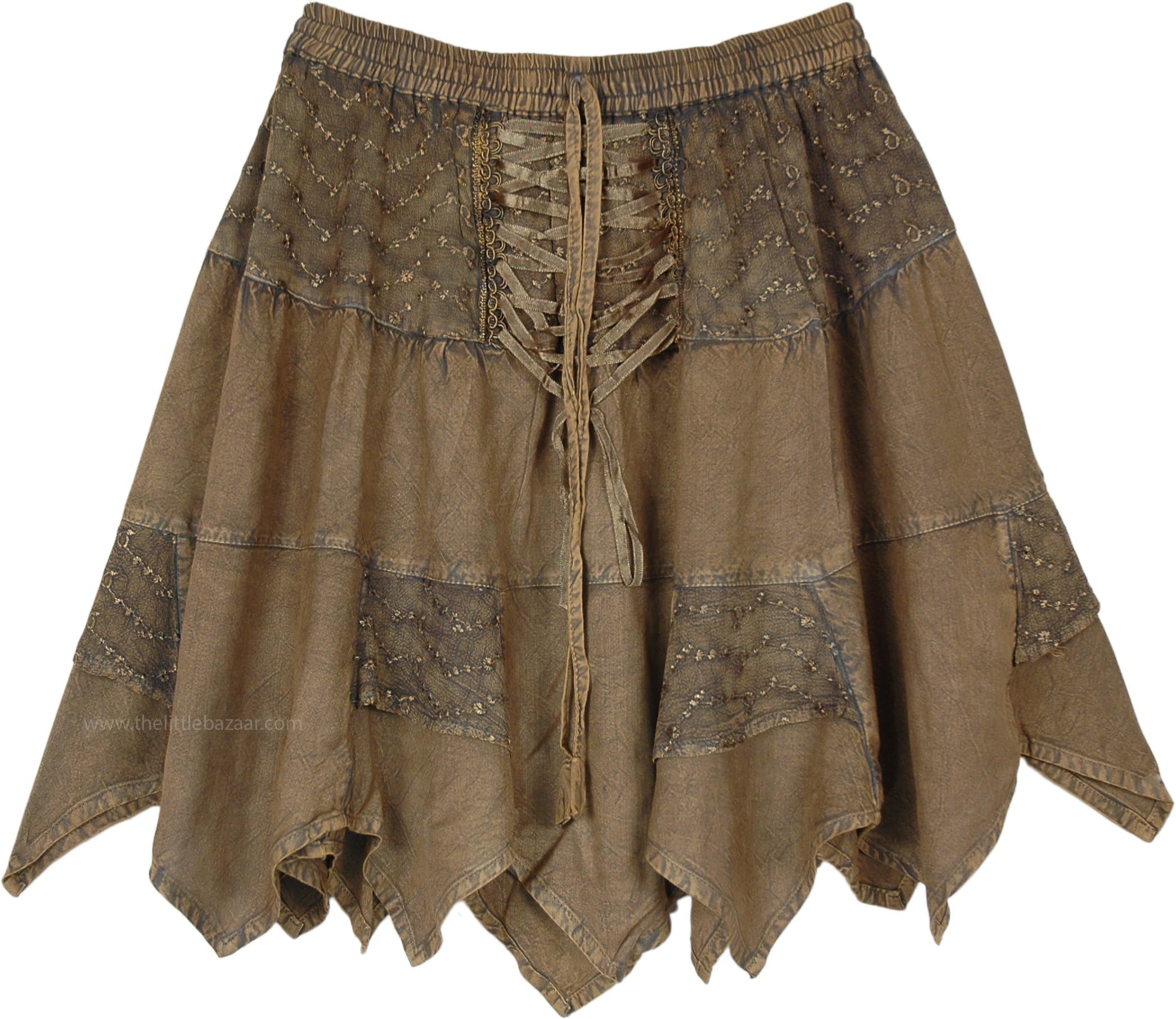 TLB - Asymmetrical Hem Short Boho Skirt in Murky Green - L:17"-20"; W:26"-34"
