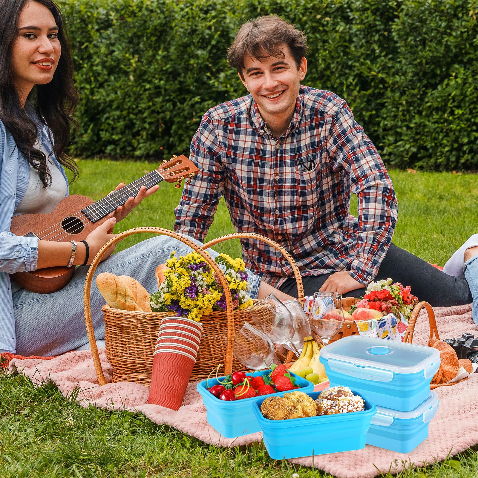 Mifoci Juego de 8 recipientes plegables de silicona para almacenamiento de alimentos, recipiente cuadrado con tapas de ventilación, apto para microondas, congelador y lavavajillas (azul)