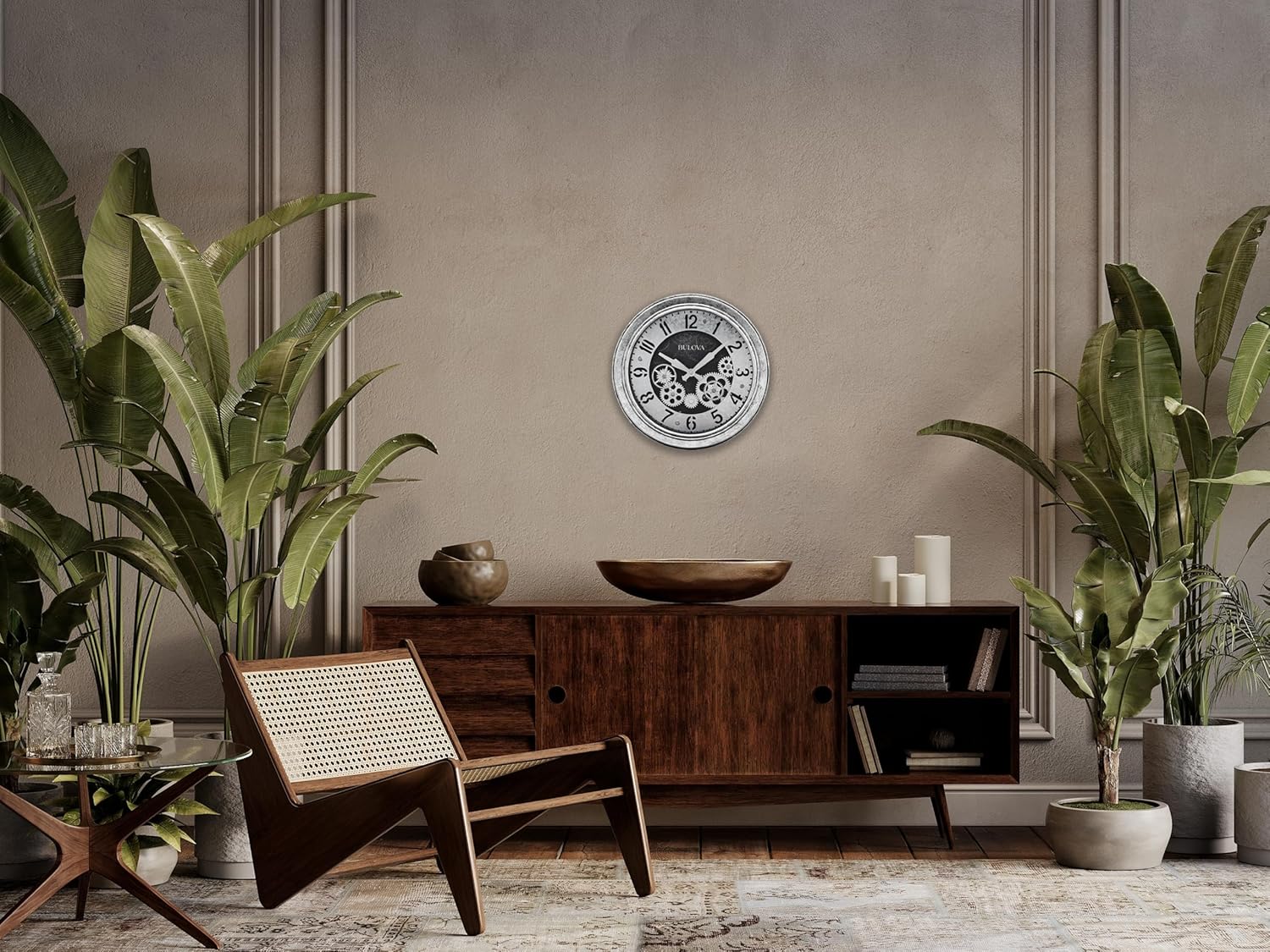 Bulova The Industrial Wall Clock C4339 | 13" Diameter | Open Gear Design | Antique Silver Finish | Quartz Movement