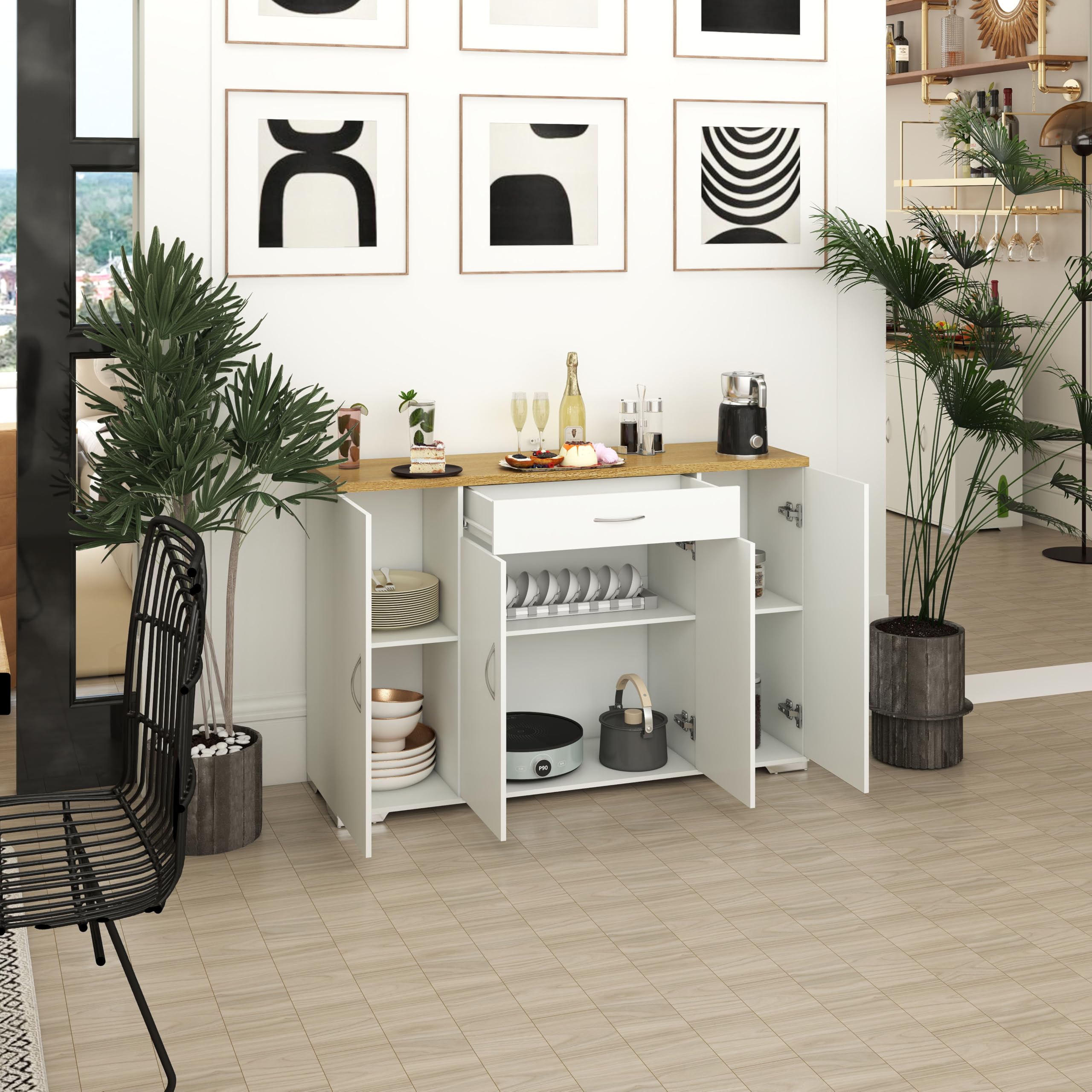 hitsuki Buffetschrank Sideboard Küche Weiß 110 x 30 x 70 cm Küchenschrank mit Arbeitsplatte Schublade und 4 Türen Küchenunterschrank 30 cm tief für Küche Esszimmer Wohnzimmer