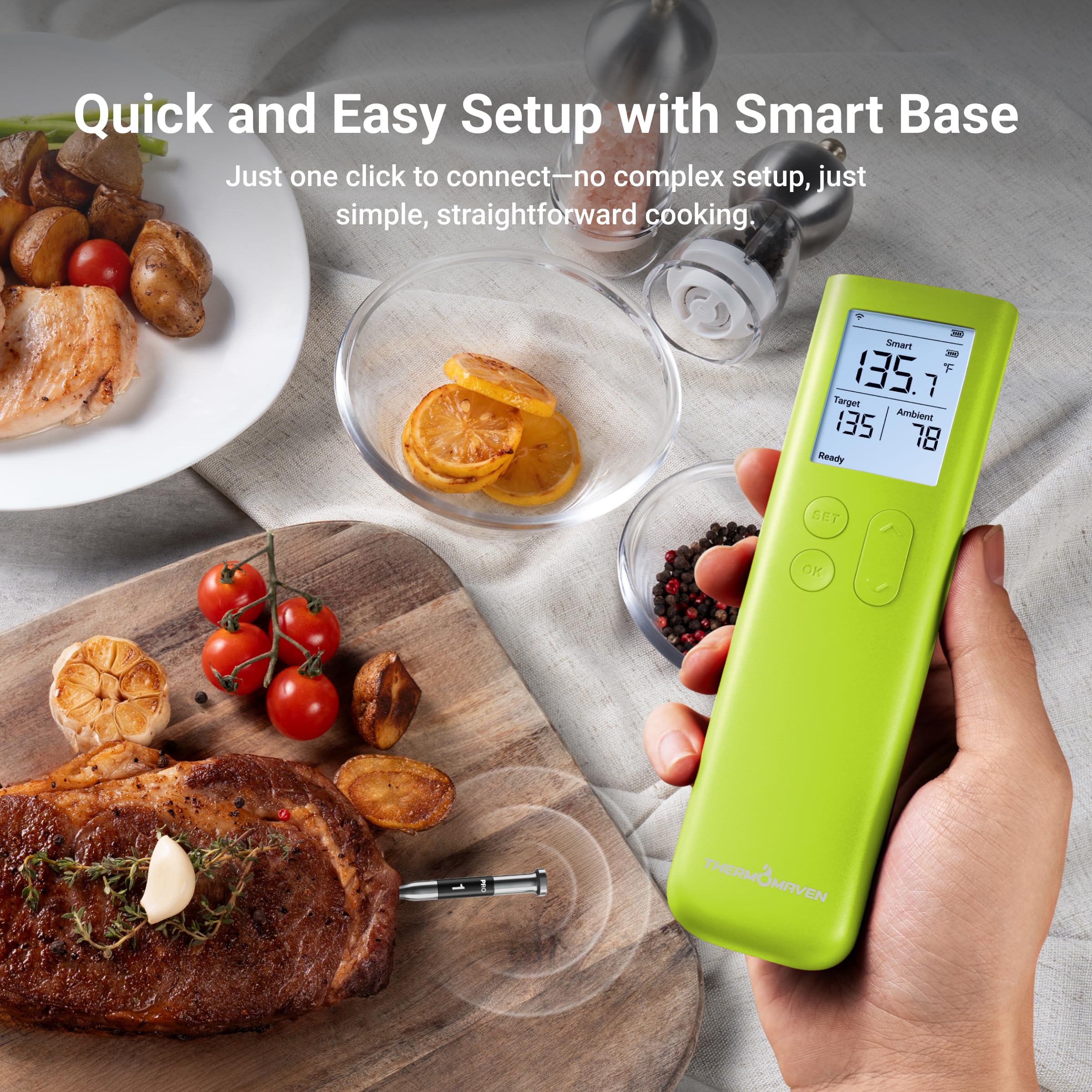 ThermoMaven Smart Bluetooth Termómetro Inalámbrico para Carne Sub-1G Estabilidad de Señal Base, Exactitud Certificada ± 0,3 °C, Alcance Wifi para Barbacoa, Horno, Ahumador, Barbacoa, Verde