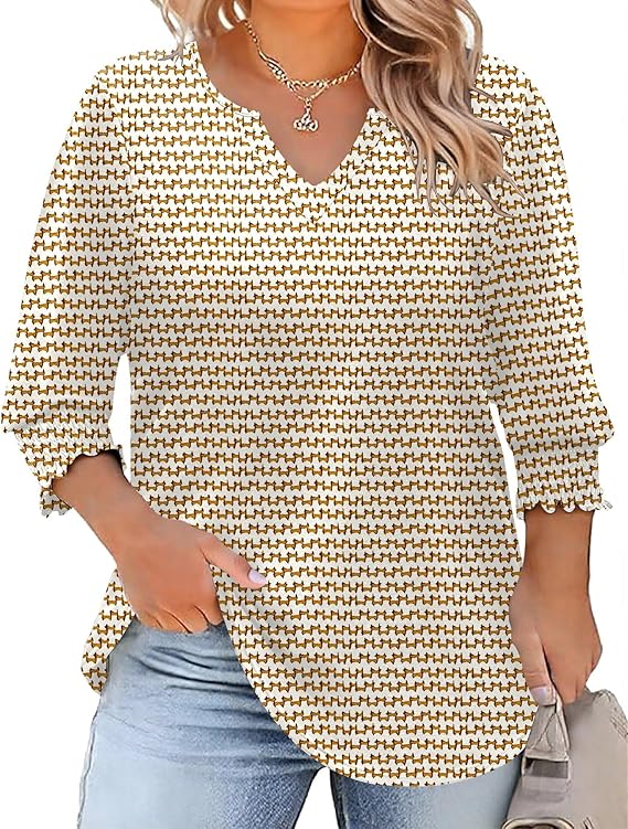 Rapbin Womens Plus Size Tops 3/4 Sleeve Blouses Shirts Casual V Neck Loose Tunic Tops 1X-5X