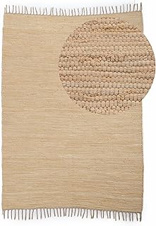 carpetfine Flickenteppich Kelim Chindi Uni Beige 70x140 cm, handgewebt | Fleckerlteppich aus Baumwolle für Wohnzimmermit Fransen