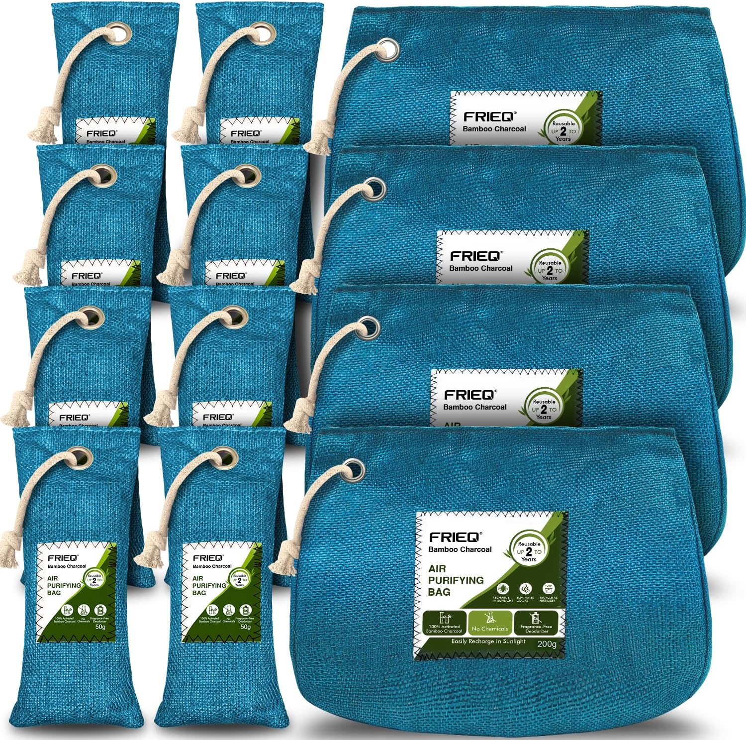 FRIEQ 12 Pack 100 Activated Bamboo Charcoal Air Purifying