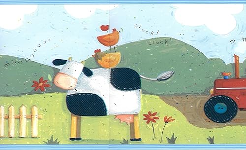 Dundee Deco BD6271 - Borde de papel tapiz prepegado, color azul, verde y blanco, borde de pared de animales de granja, diseño retro, 15 pies x 7