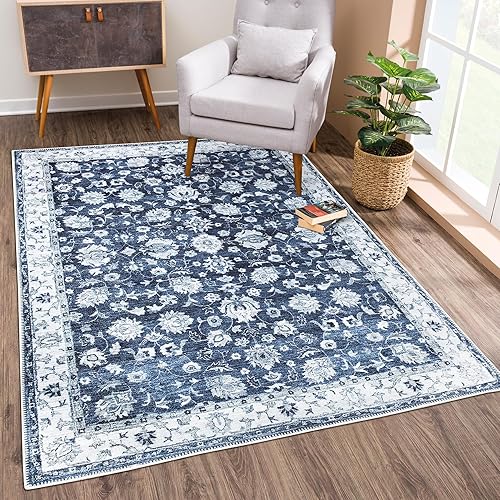 Bloom Rugs Alfombra lavable antideslizante de 4 x 6 pies, color azul oscuro, con bordes tradicionales, para sala de estar, dormitorio, comedor y