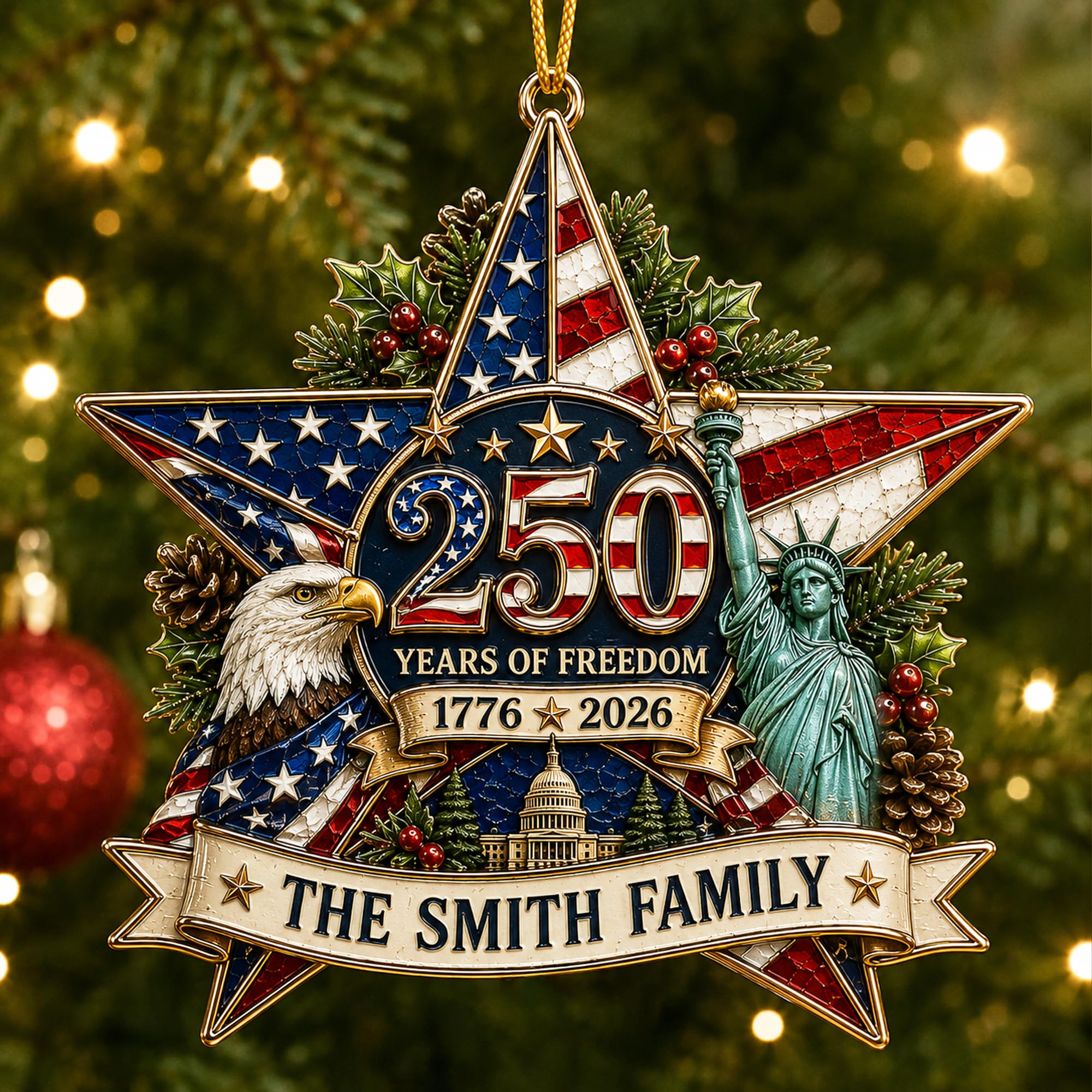 [Made in USA] Personalized 250th Anniversary USA Flat Acrylic Christmas Ornament, Custom Family Name Patriotic Star Ornament, 1776-2026 250 Years of Freedom Holiday Keepsake Gift