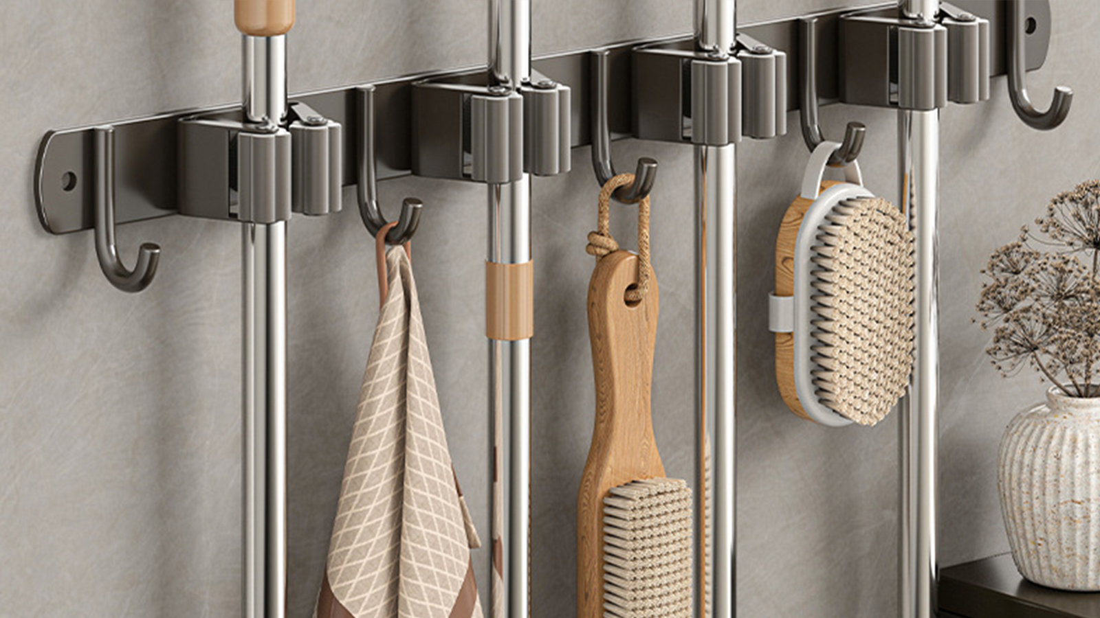 Accroche Balai Mural Sans Perçage – 4 Supports + 5 Crochets, Charge 13 Kg, Cuisine, Garage, Salle De Bain, Jardin