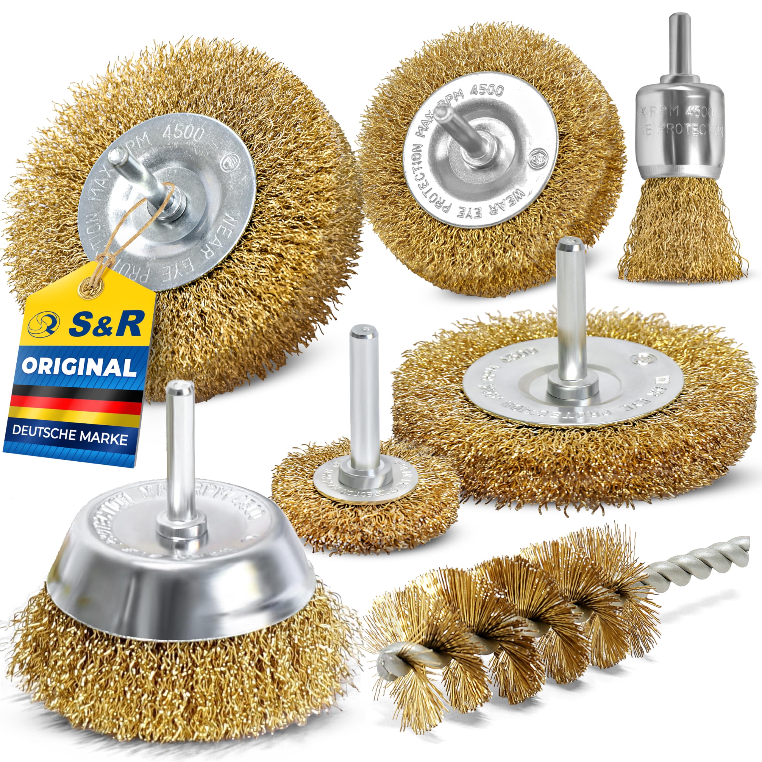 S&R Drahtbürste Set 7-teilig für Bohrmaschine Stahldraht vermessingt - Rundschaft 6mm - Scheibenbürsten 38, 50, 75, 100 mm, Topfbürste 75 mm, Pinselbürste 25 mm, Rohrbürste Drahtbürstensatz