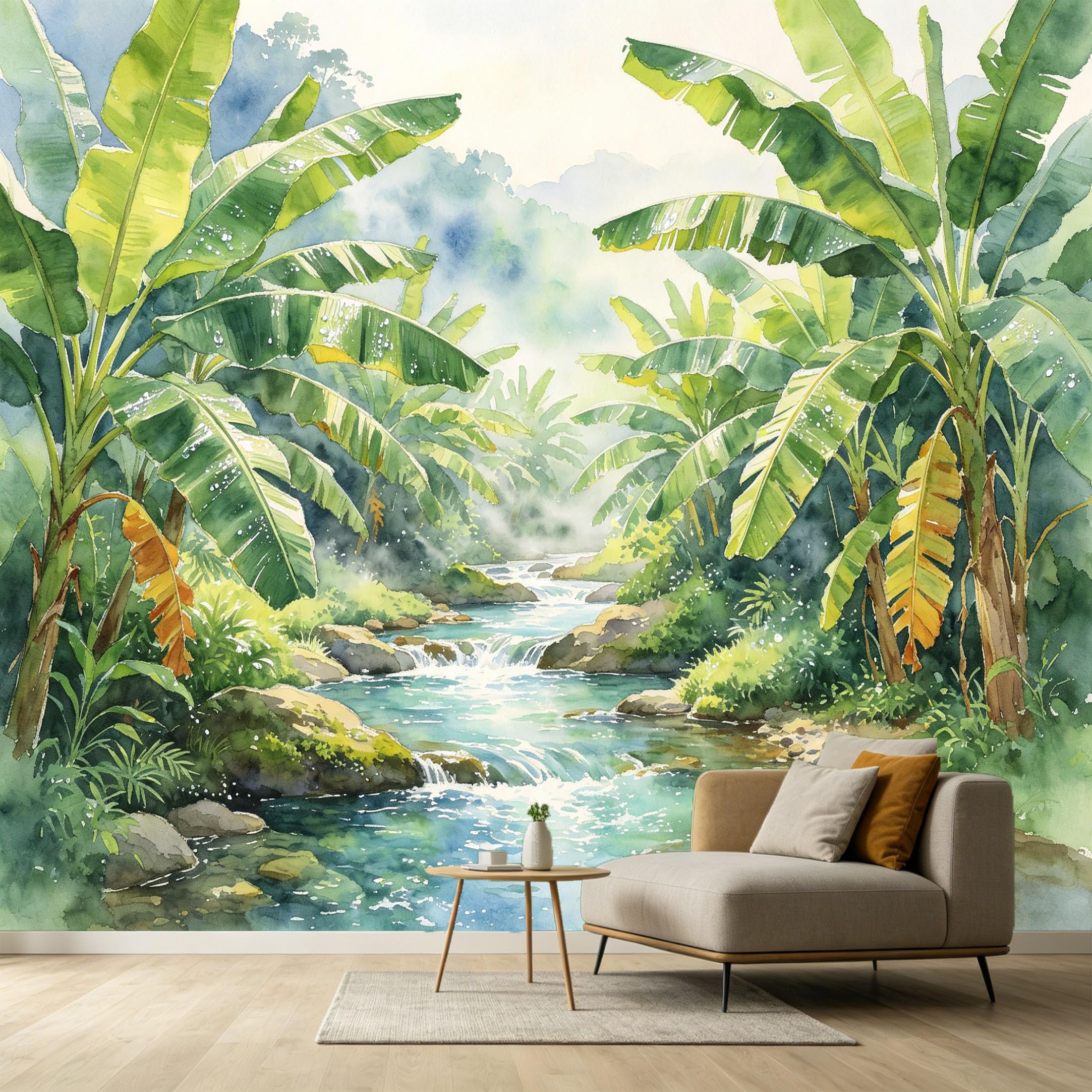 Custom Size Wall Murals Tropical Botanical Watercolor Jungle River Stream SelfAdhesive Wall Fabric Removable Large Wallpaper for Photo Living Room Decoration