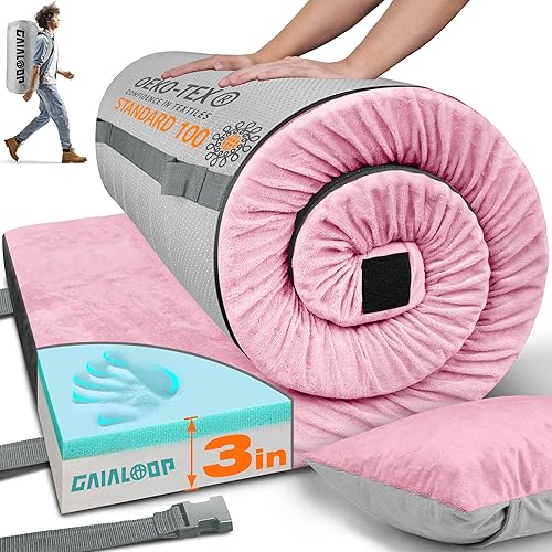 Miniatura 21 de Colchón de Espuma Viscoelástica de 3 Pulgadas para Acampar, Almohadilla de Dormir de Doble Capa Gruesa para Coche, Tienda, Cama, Enrollable, Verde