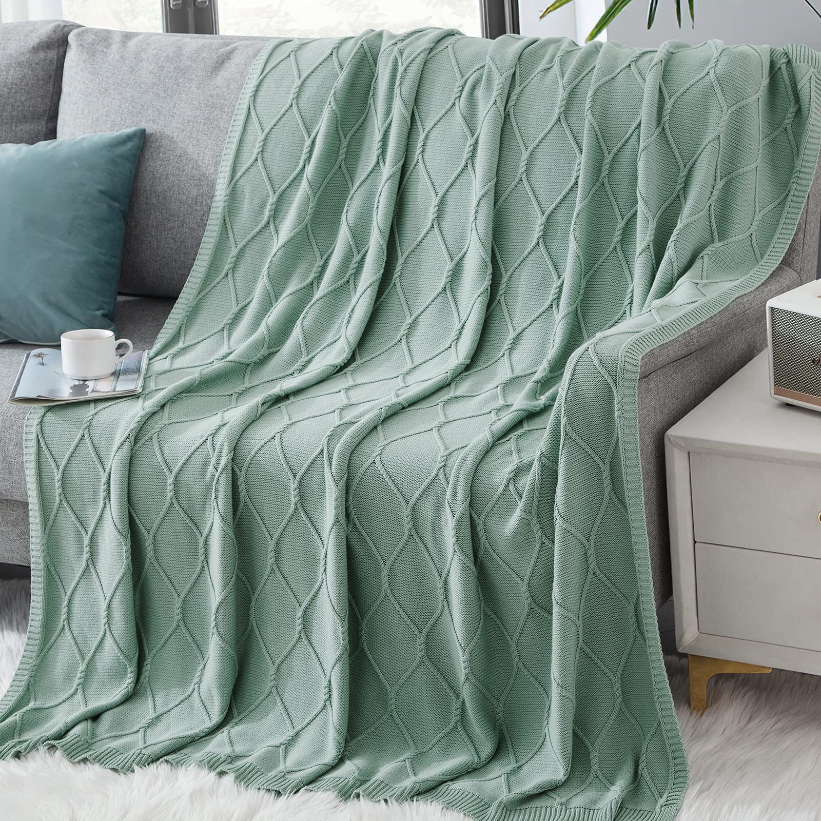 100% Cotton Diamond Waffle Weave Sage Green Cable Knit Throw Blanket for Couch, Sofa, Bed | 50 x 60 Inches | Lightweight and Soft,Luxury Decorative Soft Breathable Skin-Friendly Blanket