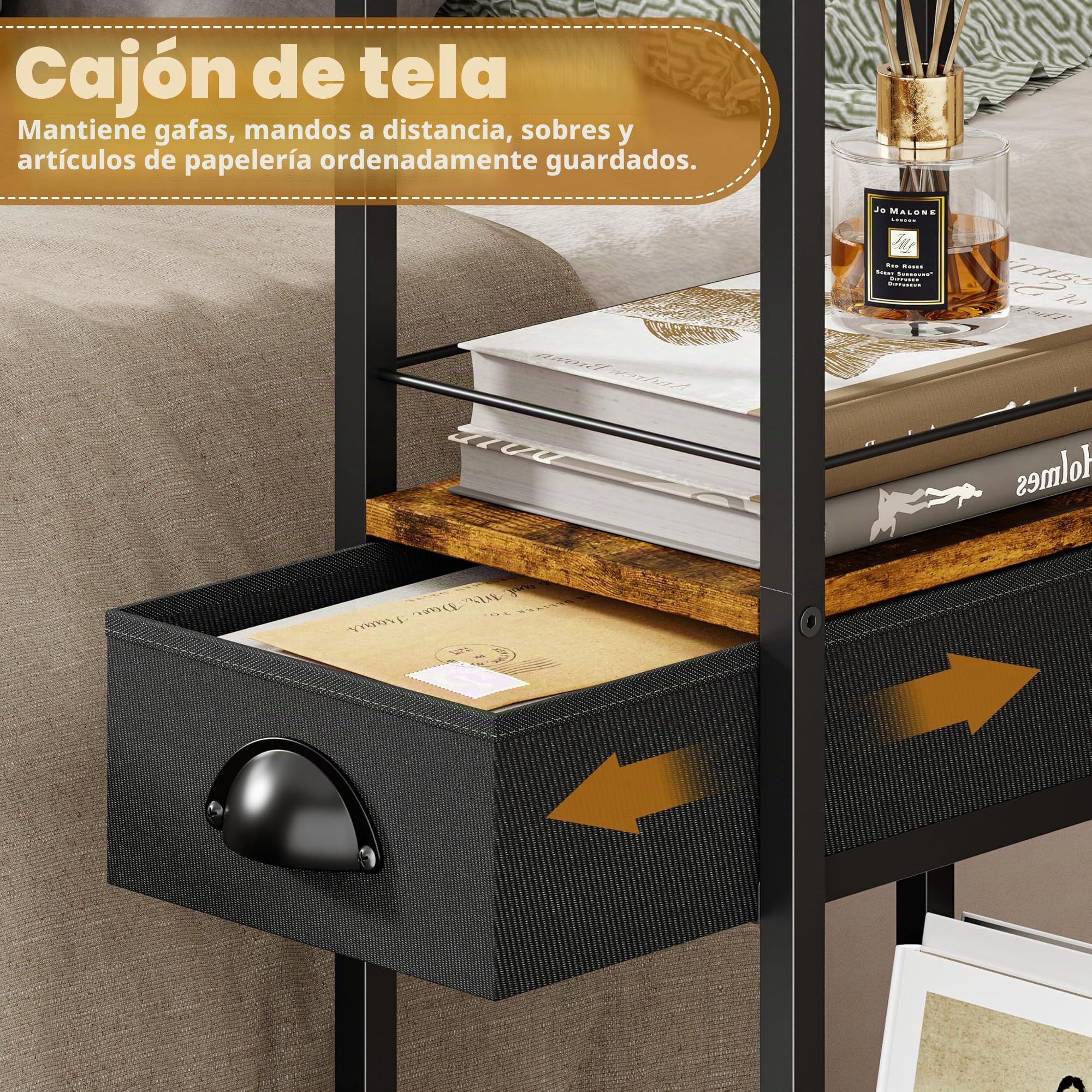 Sonyabecca Mesa Auxiliar en C con Ruedas, mesita de Noche con cajón para Cama o sofá, Mesa de Centro con Estructura de Metal, Mesa para salón, Dormitorio u Oficina en casa