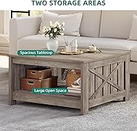 Vista 22 de Mesa de centro de granja con almacenamiento, mesa de cóctel de madera rústica, mesas de centro cuadradas para sala de estar, sala de reuniones