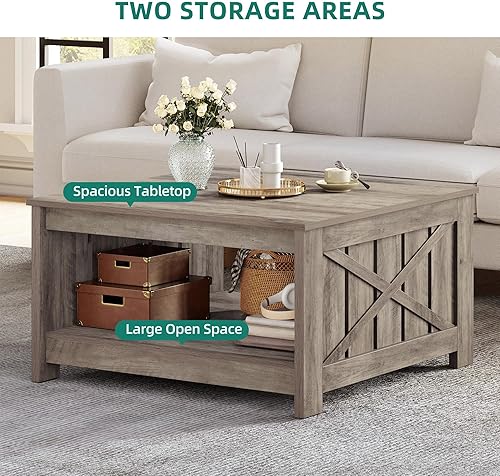 Miniatura 22 de Mesa de centro de granja con almacenamiento, mesa de cóctel de madera rústica, mesas de centro cuadradas para sala de estar, sala de reuniones con