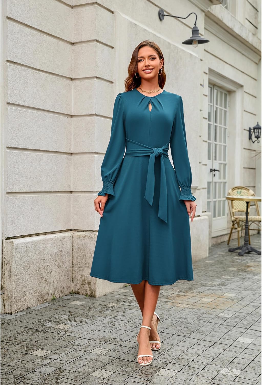 ECOWISH Womens Midi Dress 2025 Fall Long Sleeve Tie Waist Elegant Work Party Cocktail A Line Flowy Dresses with Pockets - Image 2