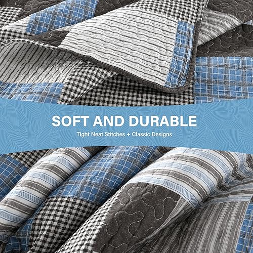 Vista 34 de SahSahCasa Juego de edredón tamaño King, juego de edredón de 100% algodón, colcha de retazos, colcha rústica ligera a cuadros para cama King, beige