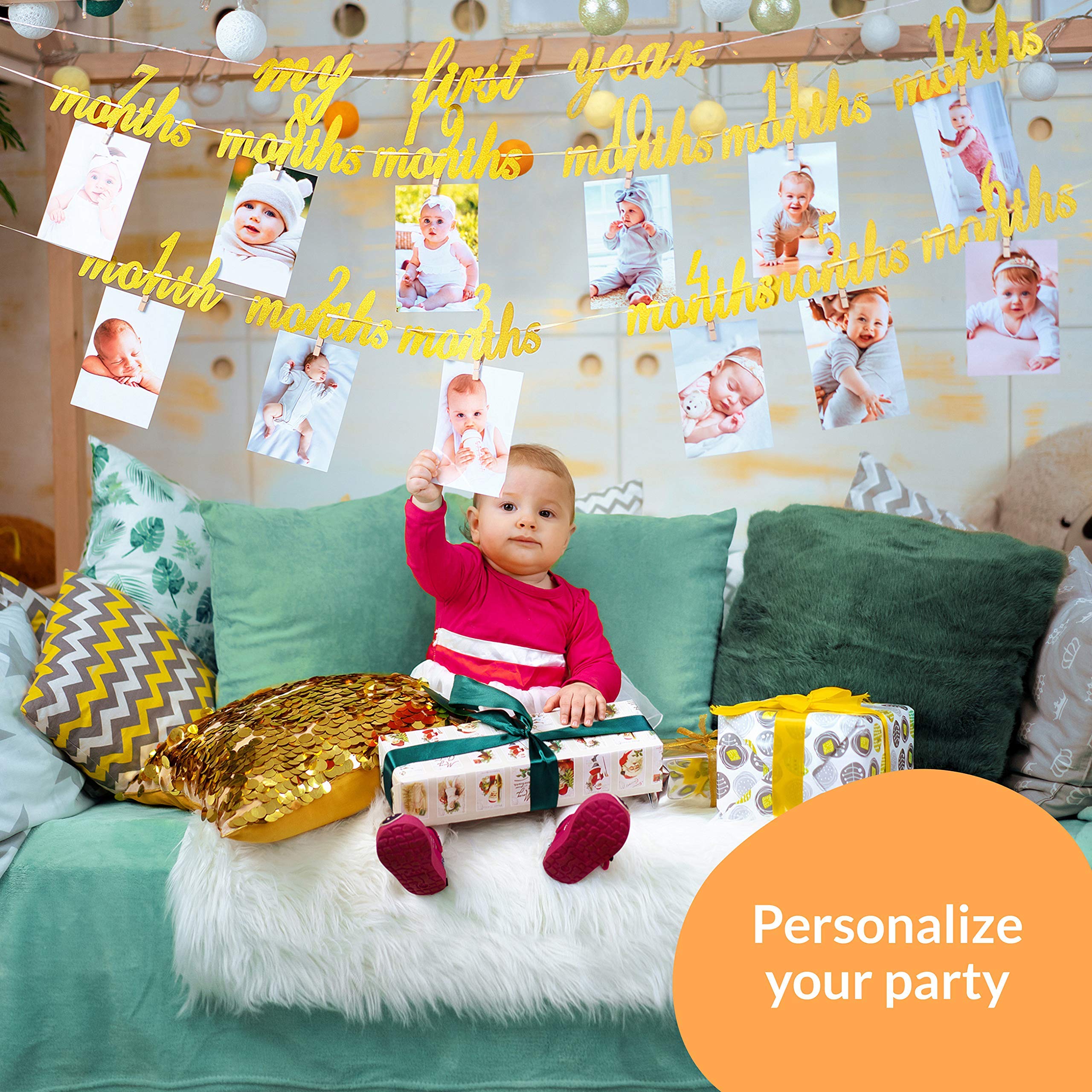 Festiko First Birthday Photo Banner | 12 Month Photo Banner for 1st Year | Gold 1st Birthday Garland with Glitters for Boy or Girl | Baby Monthly Milestone Picture Banner | Unique Party Decoration