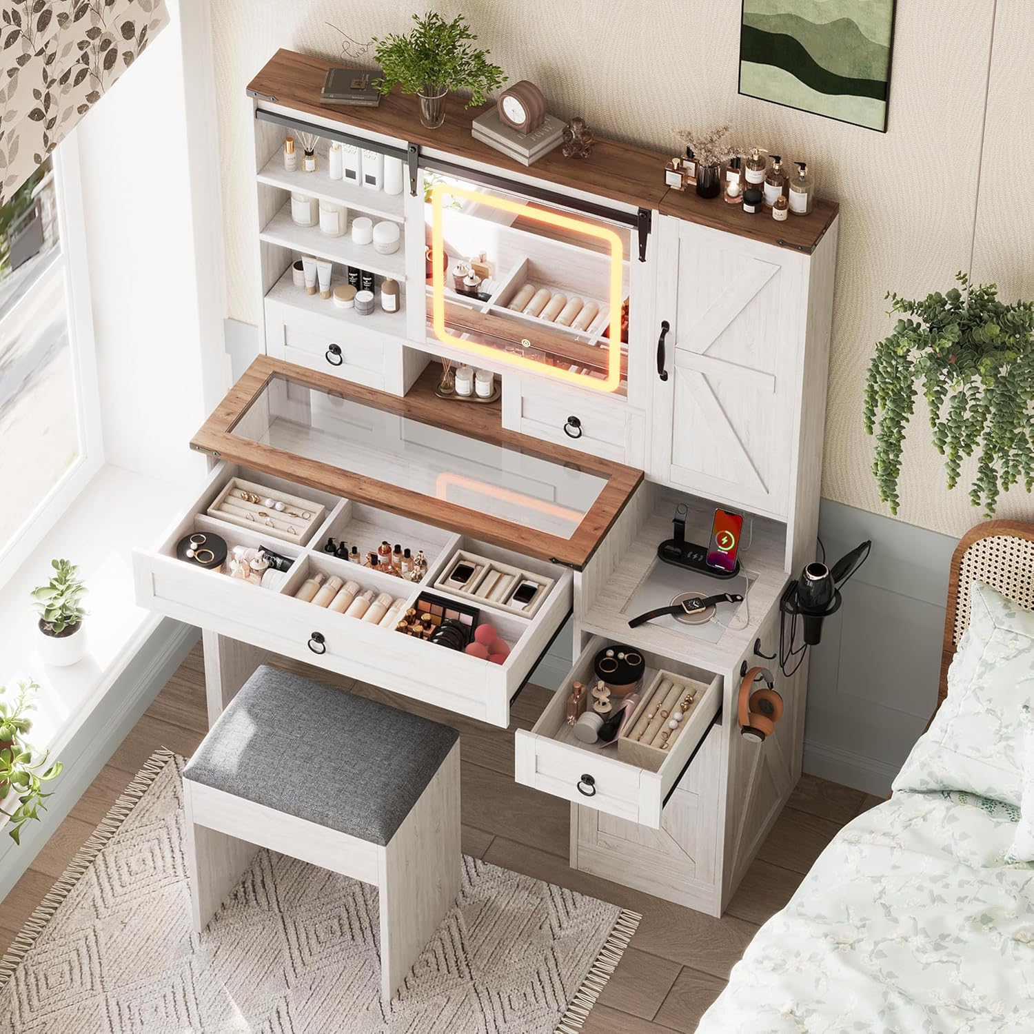 Farmhouse Vanity Desk with Sliding Lighted Mirror&Power Outlet,42" Glass Top Vanity with 4 Drawers 6 Compartments 7 Shelves 2 Cabinets,Rustic Makeup Vanity Table with Stool Hairdryer Holder&Hook,White