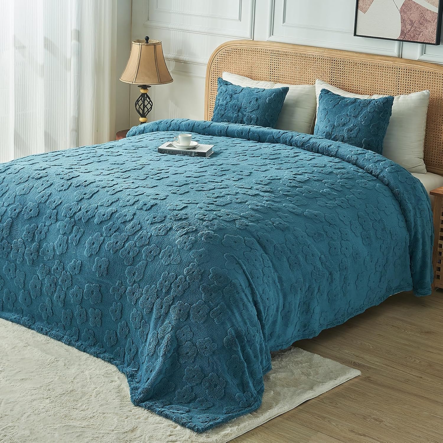 FY FIBER HOUSE Flower Throw Blanket Ultra Soft Blanket Fuzzy Blanket for Bed Couch Sofa, 50"x60", Storm Blue