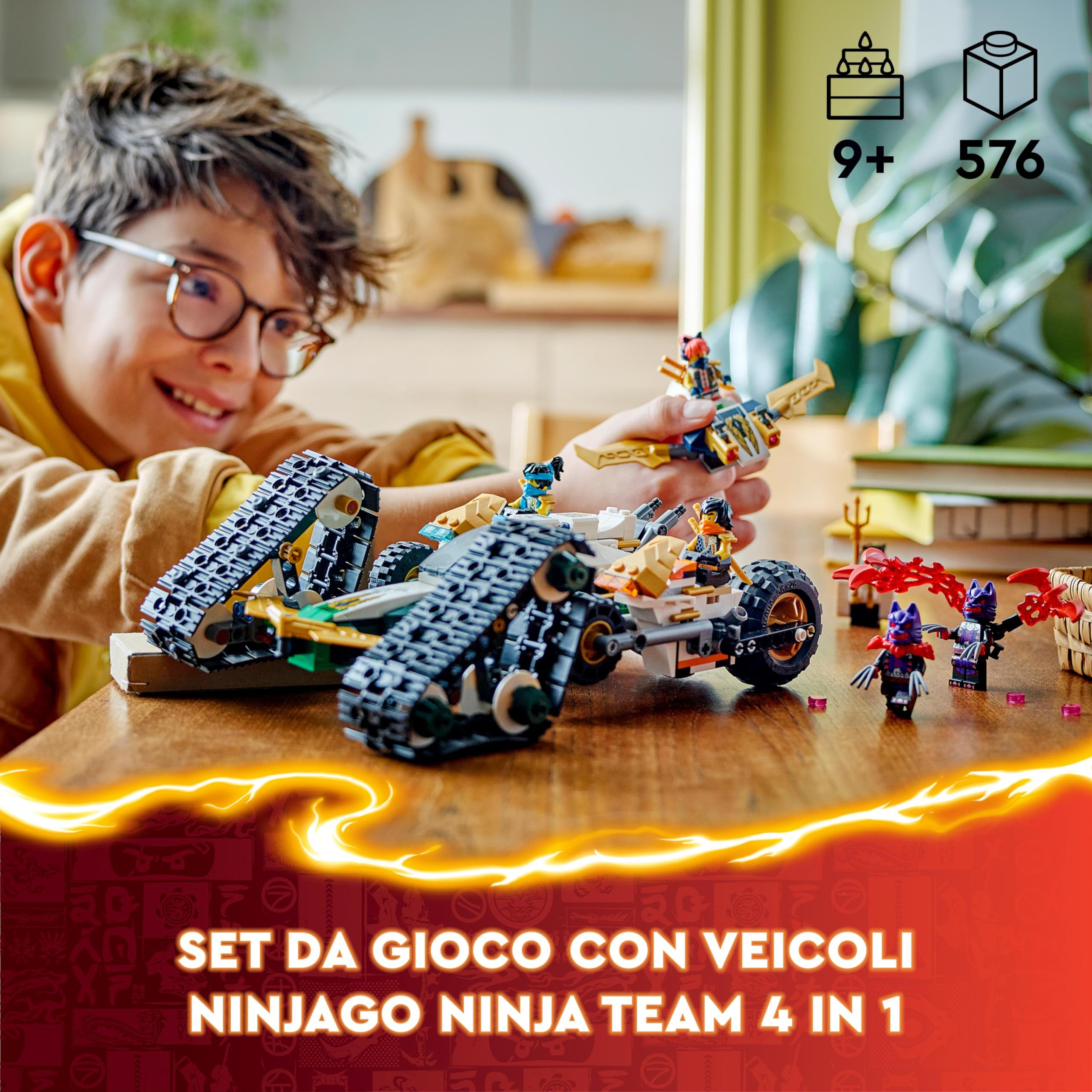 LEGO NINJAGO Cingolato del Team Ninja, Veicolo Giocattolo 4 in 1 con 2 Moto, Aliante e Macchina Fuoristrada da Costruire, Giochi d'Avventura per Bambini e Bambine da 9 Anni con 6 Minifigure 71820