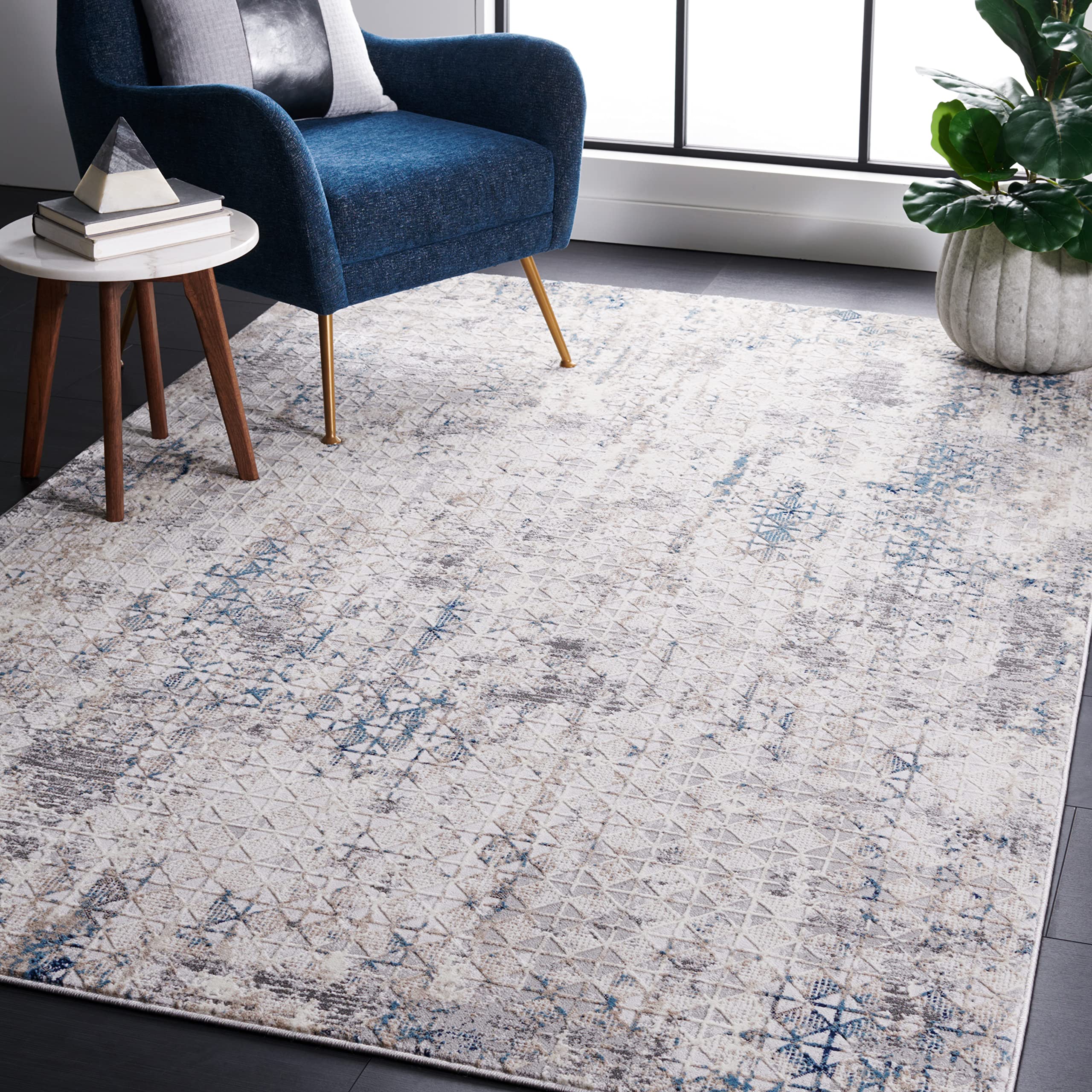 SAFAVIEH Vogue Collection Area Rug - 6'7" Square, Blue & Grey, Modern Abstract Design, Non-Shedding & Easy Care, Ideal for High Traffic Areas in