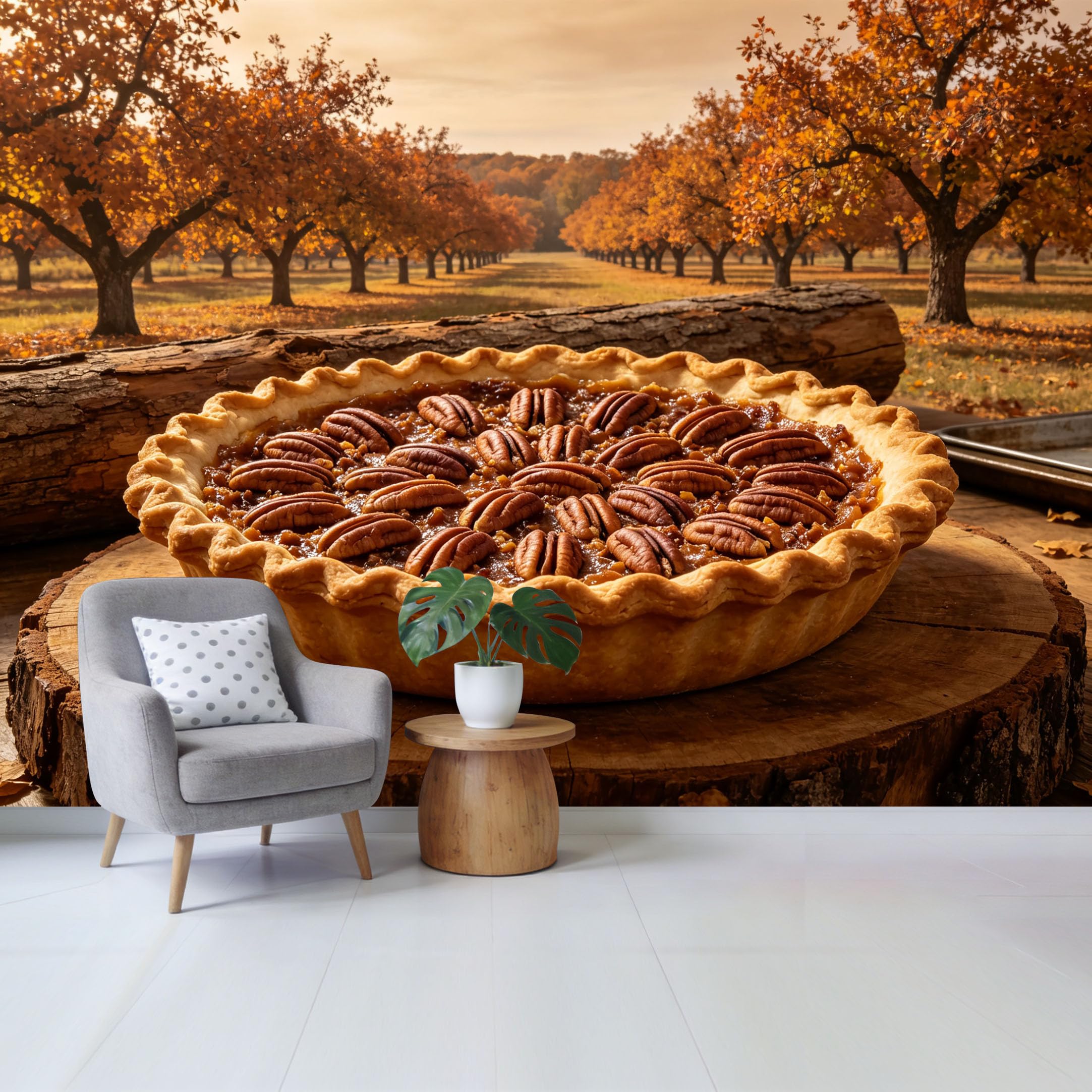 Qzlithotic Yq2605250645 Custom Size Wall Mural Autumn Pecan Pie Dessert In Harvest Orchard Landscape Thanksgiving Themed Photography Selfadhesive Wall Fabric Removable Wallpaper For Home Office Decor