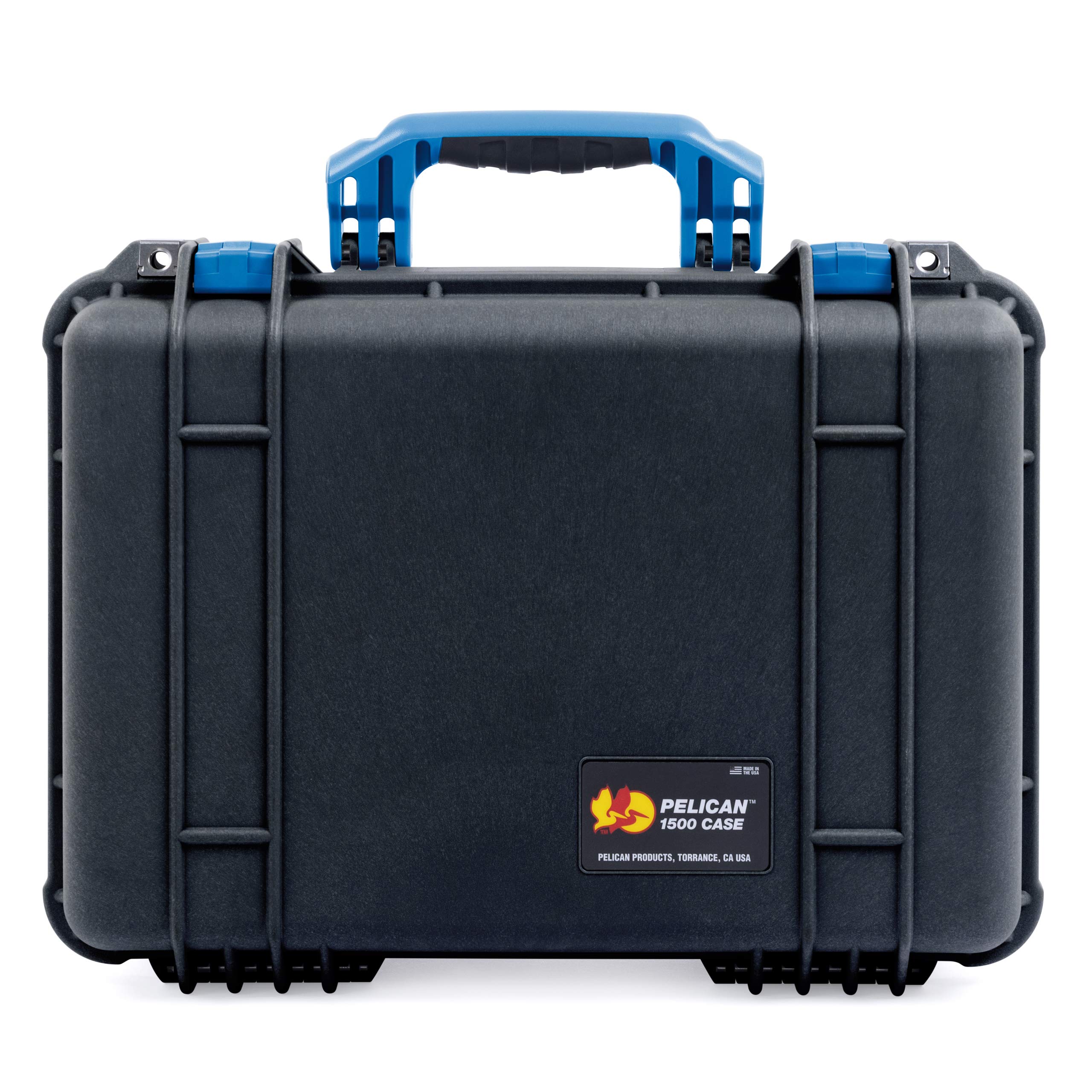 ColorCase Pelican 1500 Case Black - Medium Size Waterproof Case with TrekPak Divider & Mesh Lid Organizer - Blue Handles & Latches
