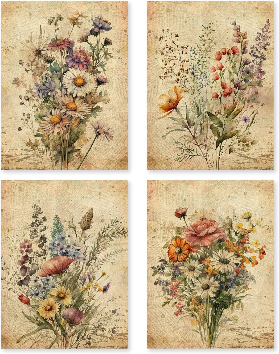 Amazon.com: HRQKO Vintage Floral Wall Art Poster Prints Set of 4, Retro ...