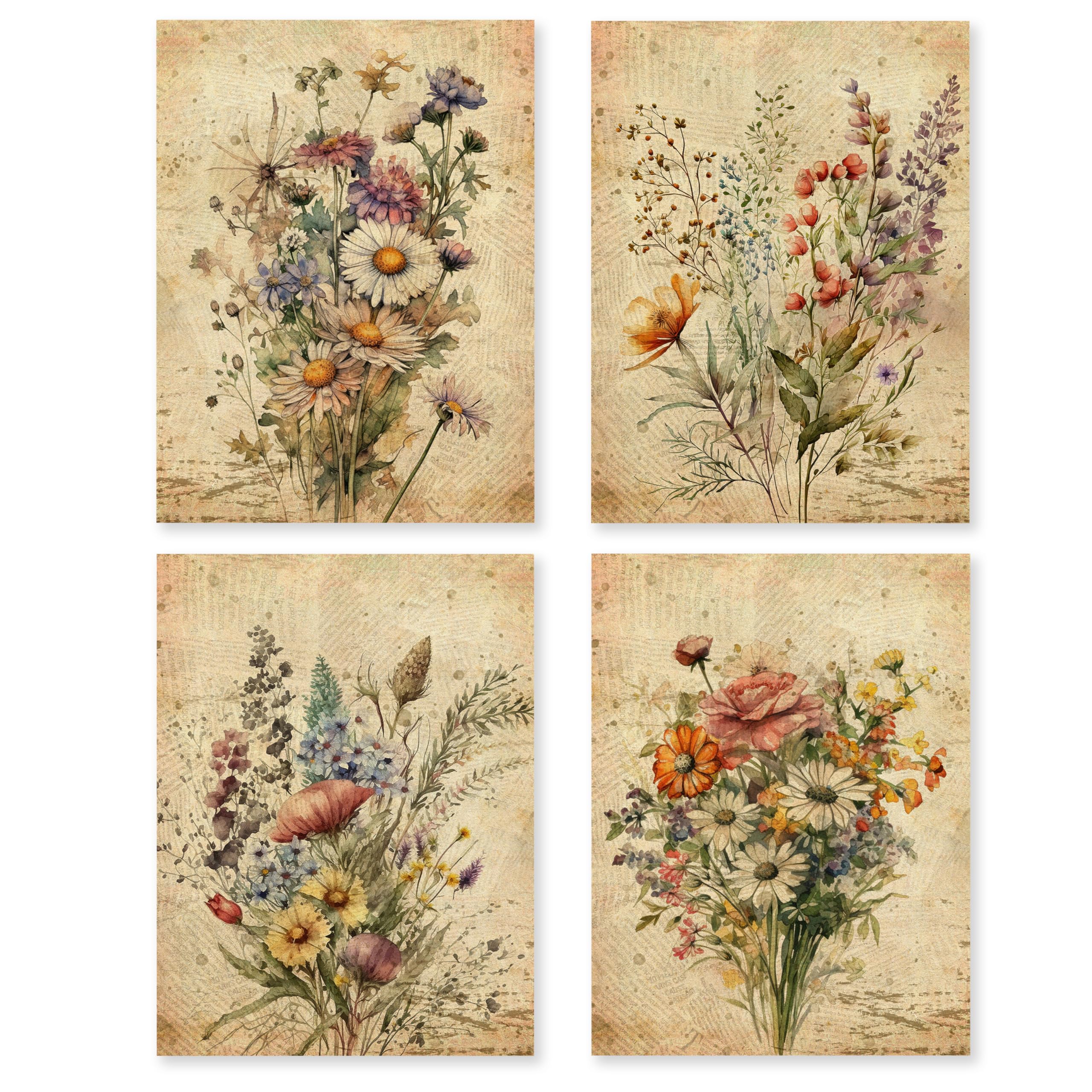 Set di 4 stampe artistiche da parete vintage senza cornice, stampa artistica retrò con fiori selvatici, stampe floreali botaniche, per soggiorno e camera da letto, 30,5 x 40,6 cm