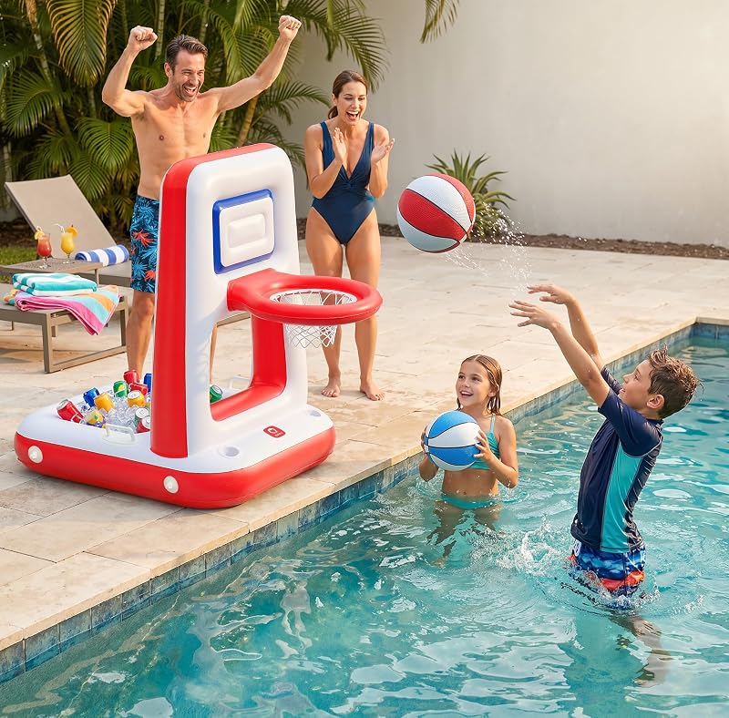 Pool Basketball Hoop with Built-in Cooler, 42" Poolside & Floating Inflatable Basketball Hoop for Family Pool Party — Swimming Pool Games for Kids & Adults, Includes 2 Balls & Pumps