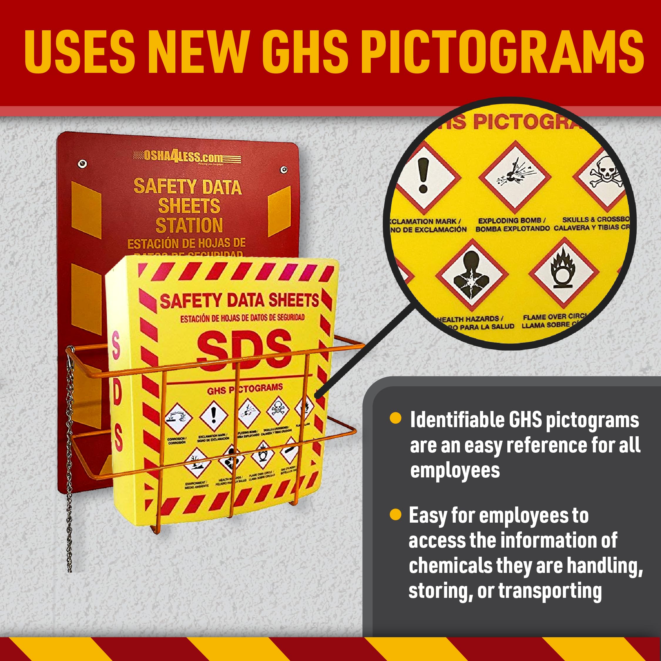Bilingüe Right to Know SDS - Estante de alambre central y carpeta de 7.6 cm con pictogramas GHS actualizados 2020