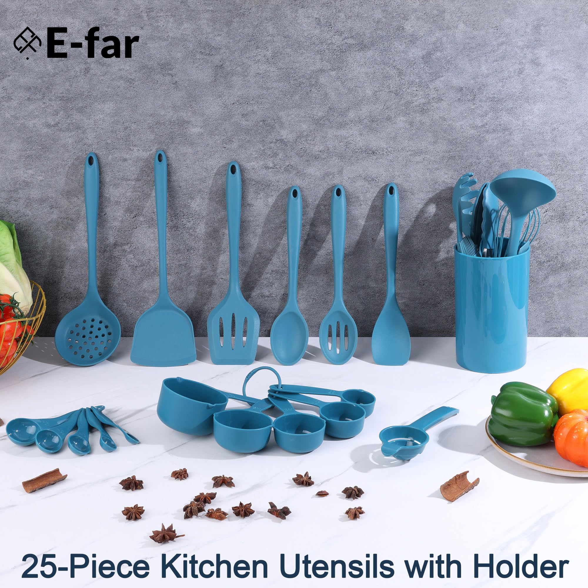 E-far Juego de utensilios de cocina de silicona, 25 piezas con soporte, herramientas de cocina no tóxicas, espátula, volteador, cucharón, para utensilios de cocina antiadherentes, resistentes al calor