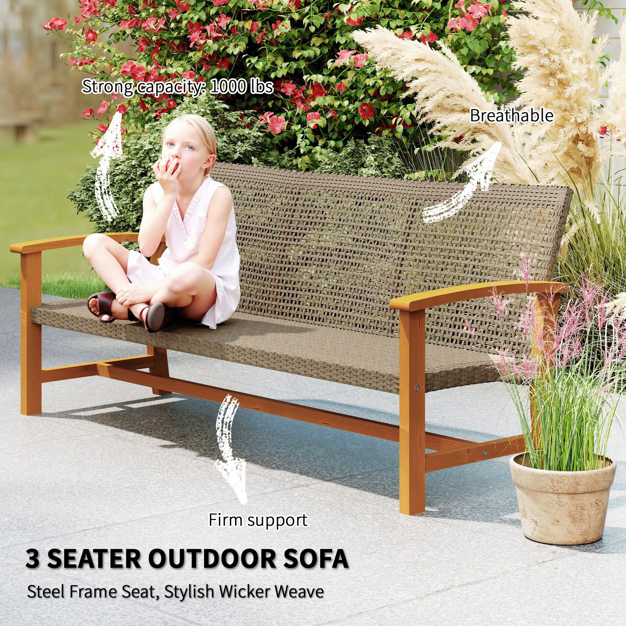 Sofá de mimbre para exteriores, sofá de mimbre para patio al aire libre, 1000 libras de capacidad, muebles de patio de madera de acacia con asiento de acero y reposabrazos para patio trasero 3