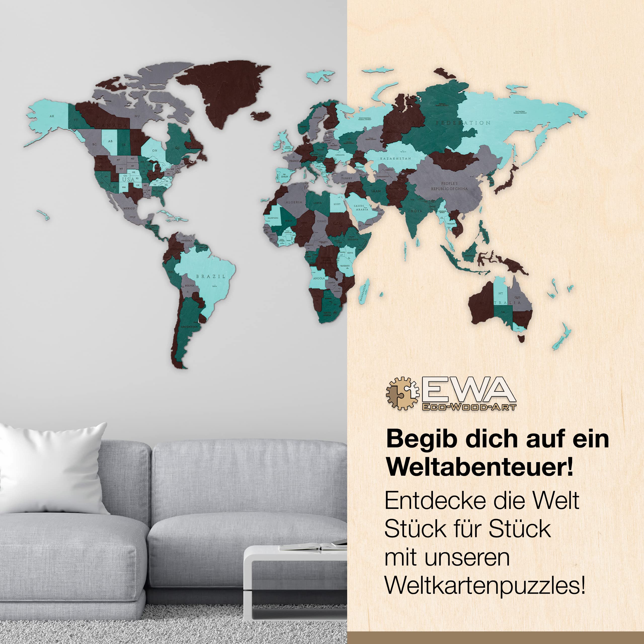 EWA Eco-Wood-Art Weltkarte Kinderzimmer – DIY 3-lagiges Puzzle Wanddekoration Schlafzimmer – Holz für Erwachsene & Jugendliche ab 14 Jahren – Medium, 126 Teile – Choco World