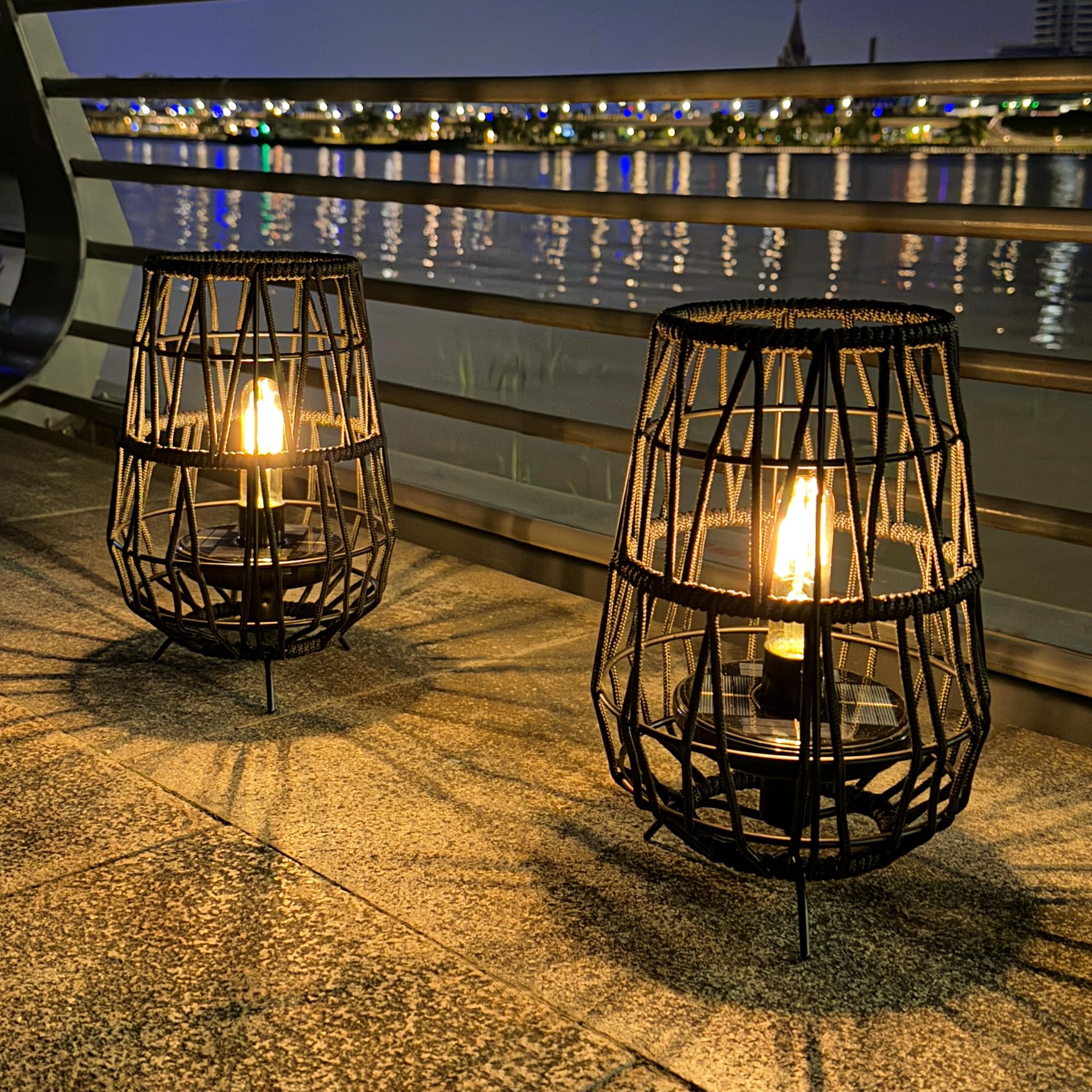 TRIROCKS Solarleuchten für den Garten, 2 Pack 30cm hohe Solarlaternen mit Olefin-Seil, wasserfeste Solar-Gartendekoration, kabellose Tischlampe für Terrasse, Rasen, Hof, Außendekoration (Schwarz)