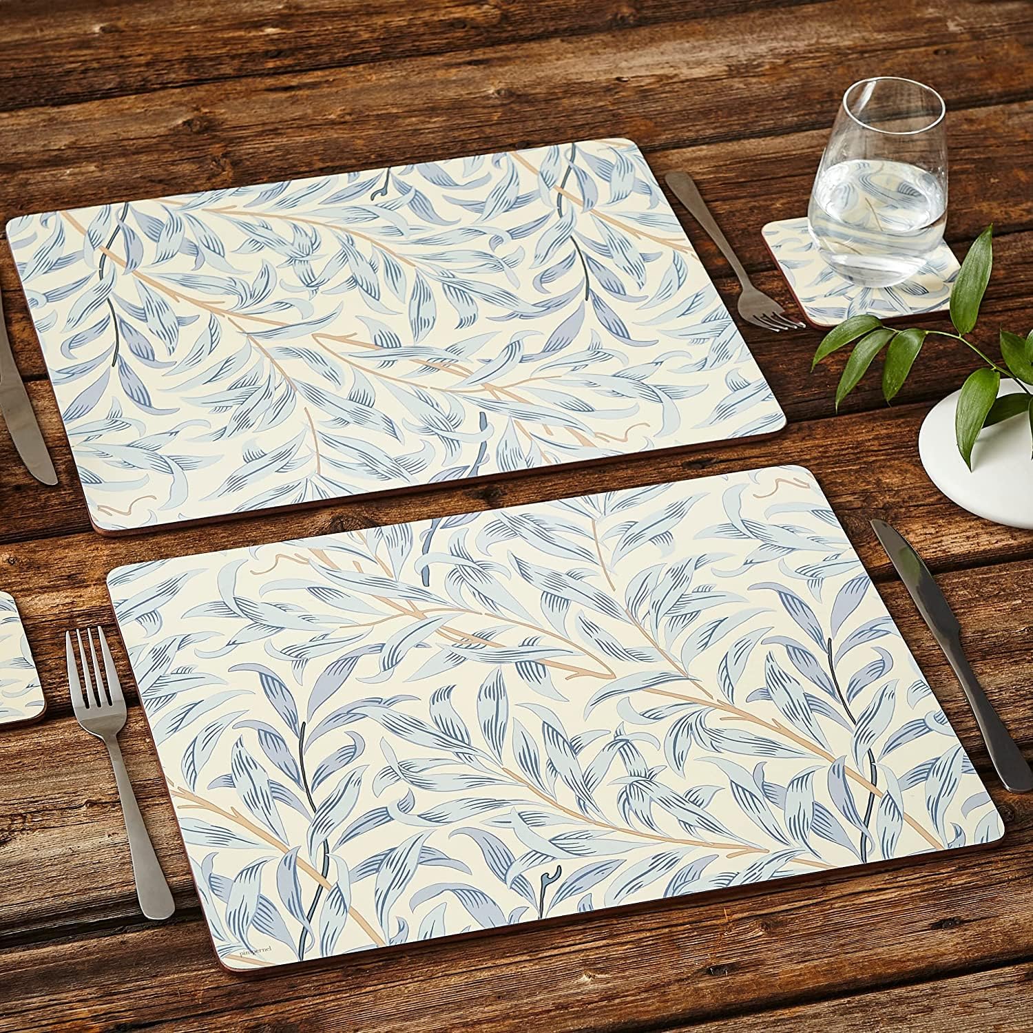 Pimpernel Morris & Co Willow Bough Blue Placemats, Set of 4 - Soft Blue Botanical Mats with Cork Backing for Dining Table Decor & Modern Tableware Accent for Everyday Meals at Home & Restaurants Use