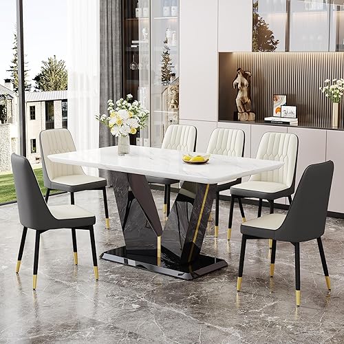 Miniatura 14 de Sillas de Comedor Modernas 6 - Juego de mesa de comedor de mármol para 6, 7 piezas, color blanco, juego de mesa de cocina de mármol de 63 pulgadas