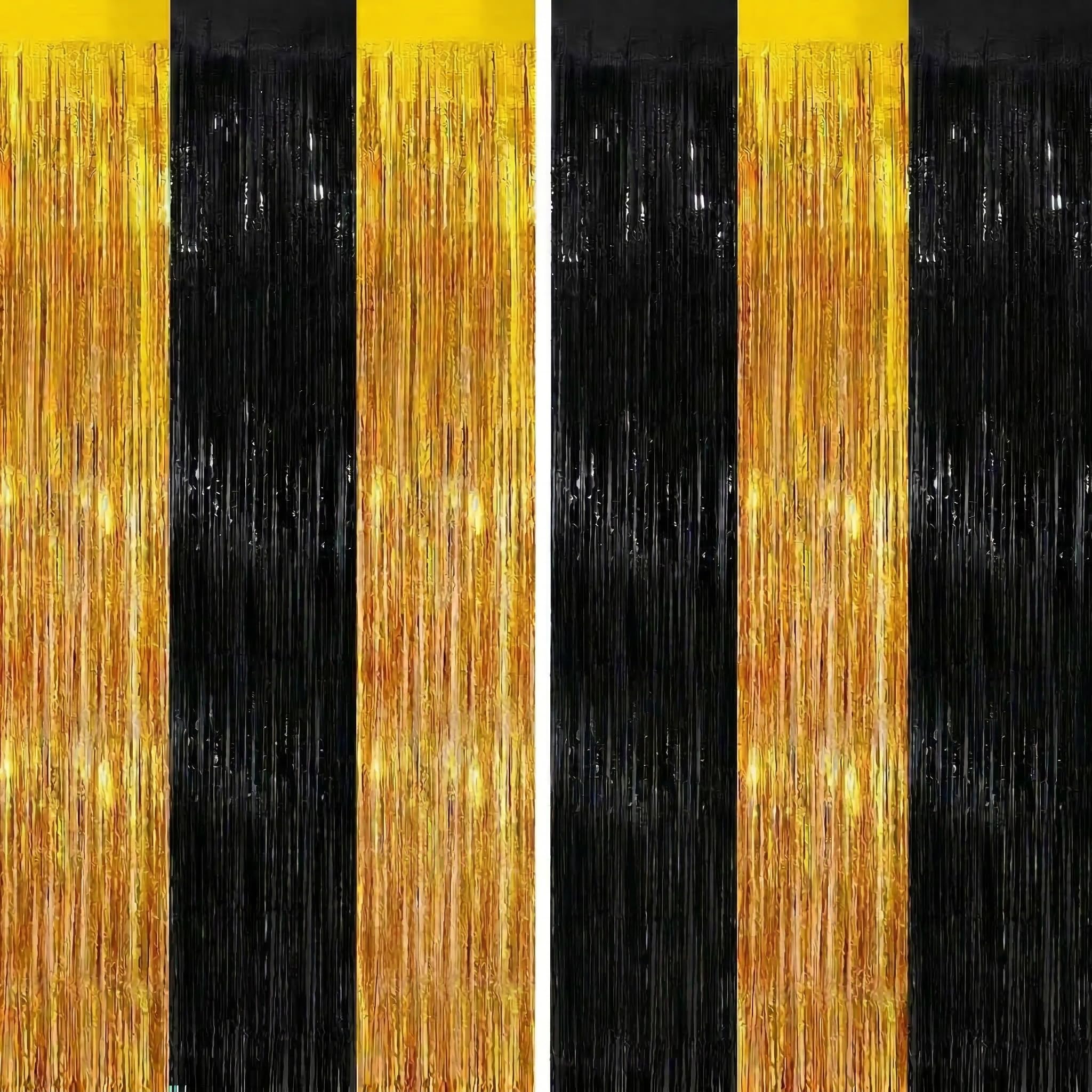 2Pack Black Gold Foil Fringe Curtain, Metallic Tinsel Streamers Decorations