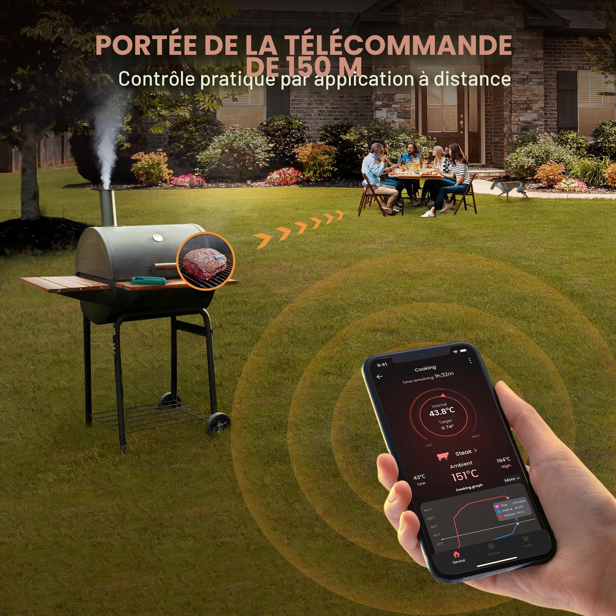 ThermoPro TempPro 150M Thermometre Cuisine Sans Fil pour Barbecue, Termometre Cuison Bluetooth avec APP Intelligente, Sonde de Cuisson pour Four, Gril, Cuisine, Fumoir, Sous Vide et Friteuses à Air