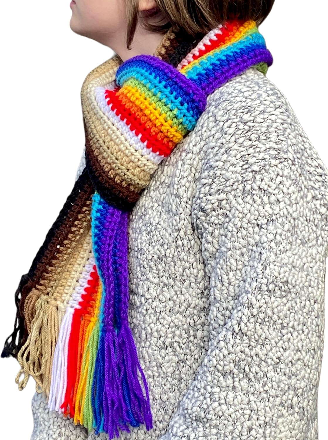 Handmade Rainbow Fringe Crochet Scarf - Unisex Warm Acrylic Knit Winter Fashion Gift by K.Bella Jolie