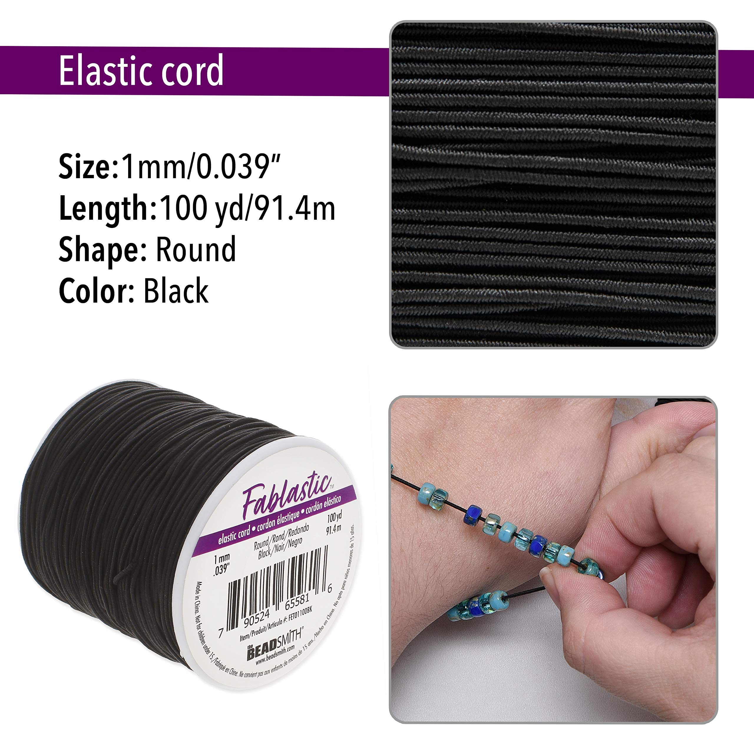 The Beadsmith Fablastic - Cuerda elástica redonda de 1 mm (0,039 pulgadas), color negro, carrete de 100 yardas (91,4 metros)