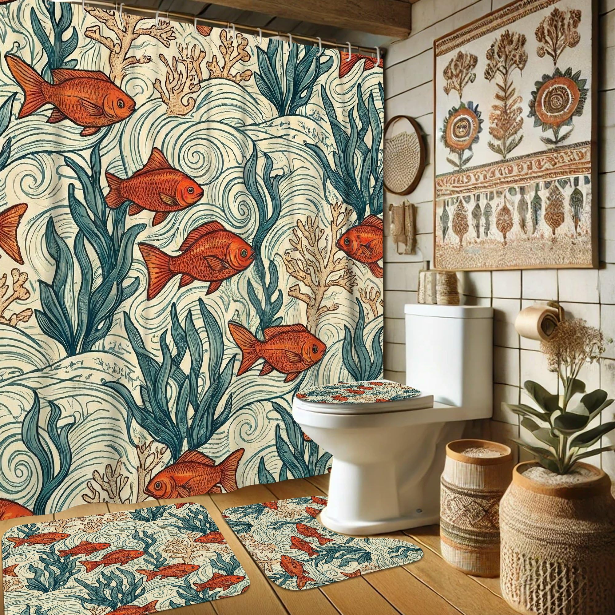 Rideau de douche poissons lavable pour éviter les éclaboussures de baignoire dans la salle de bain