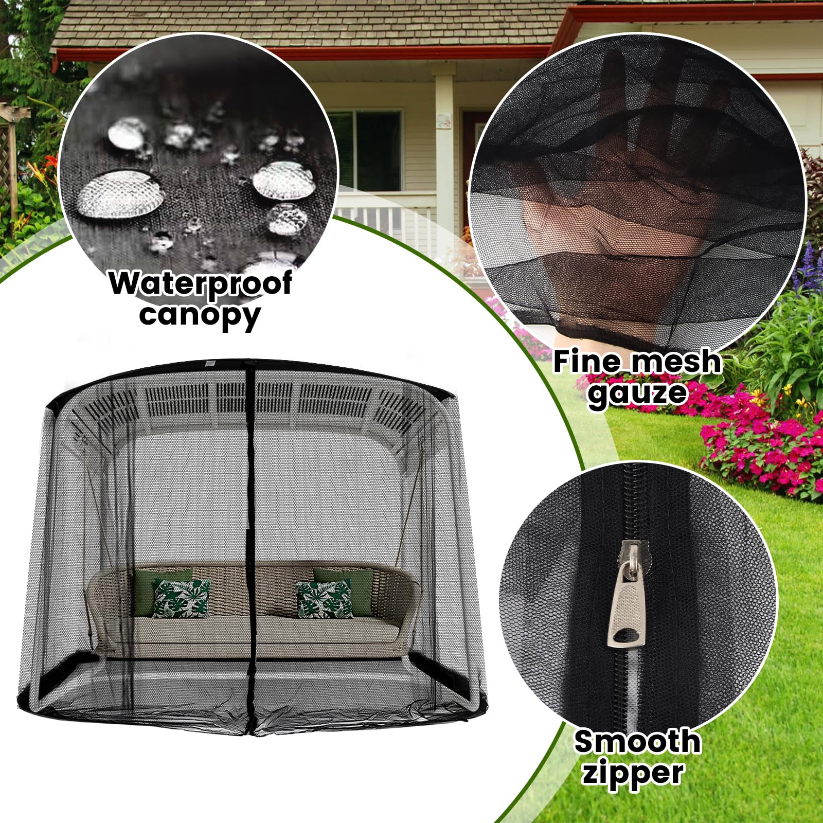 dellyy Zanzariera a 3 posti, con chiusura lampo, per altalena da giardino, altalena a dondolo, cuscino per seduta, tettuccio parasole, terrazza e giardino, 125 cm x 205 cm, colore nero