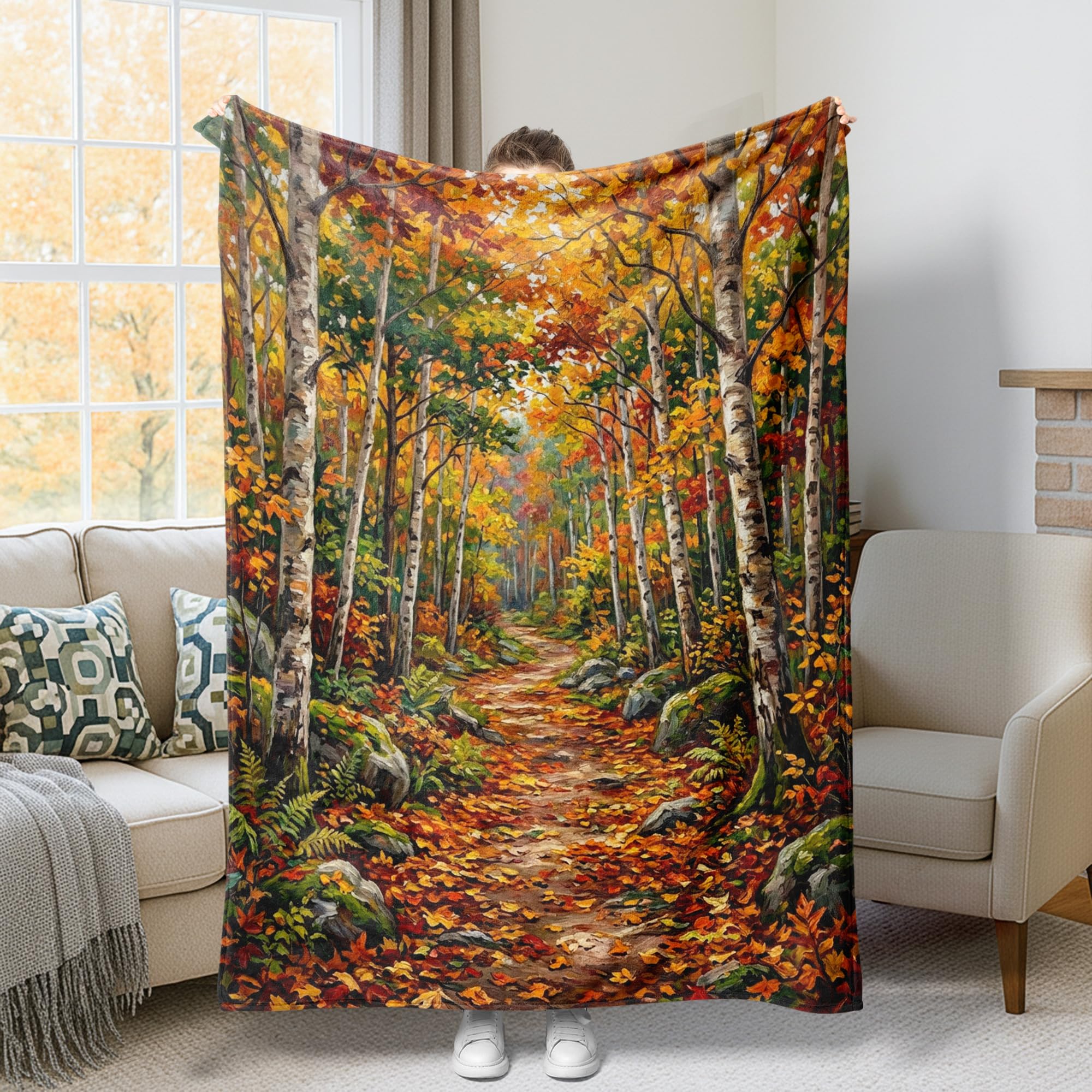 Couverture en fourrure de prestige motif bouleau d'automne plaid décoratif haut de gamme