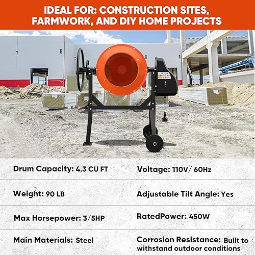 Miniatura 2 de Mezclador de cemento BSMTEK de 4.3 pies cúbicos, mezclador de hormigón eléctrico portátil de 3/5HP y 450W con soporte y ruedas para yeso, mortero,